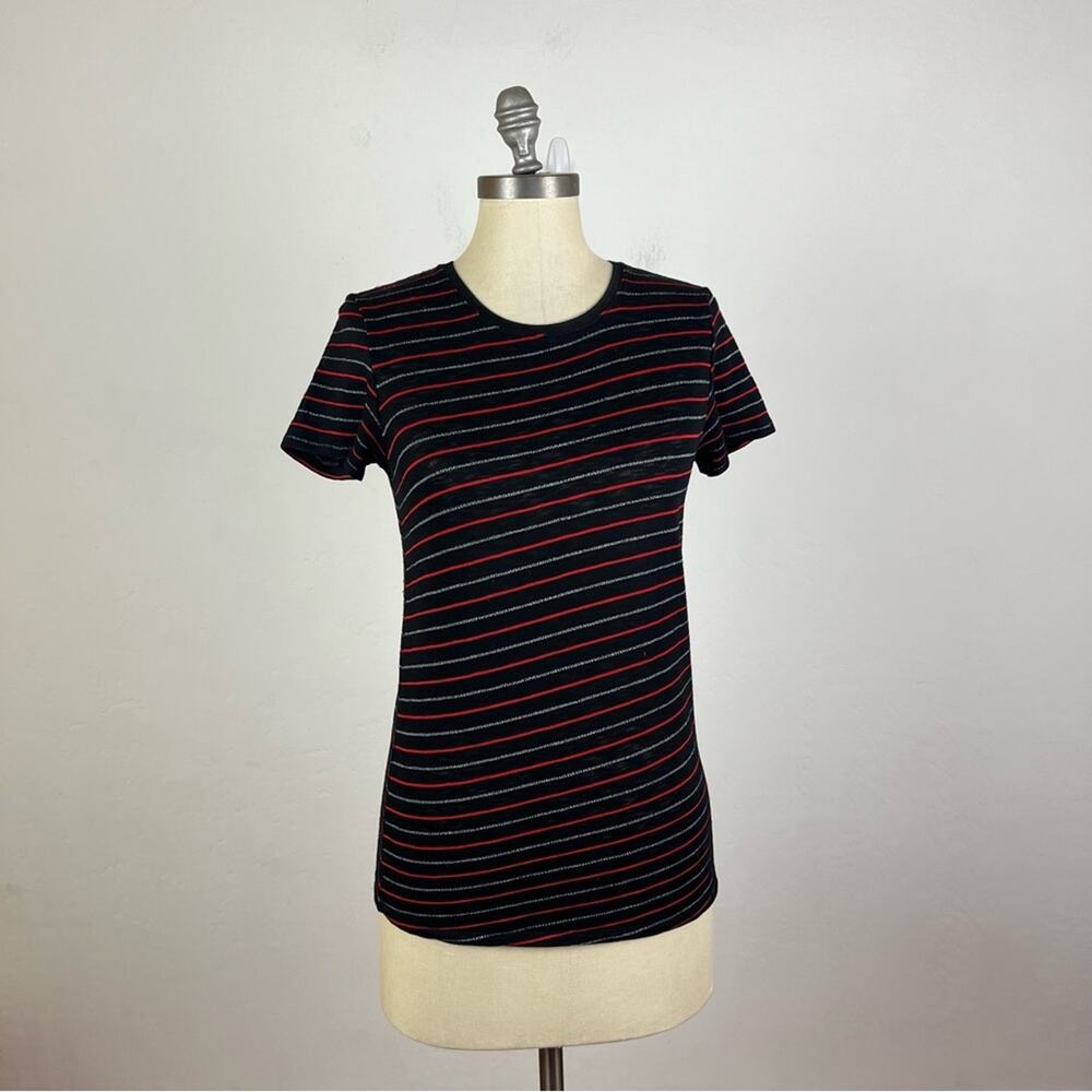 rag & bone Black Short Sleeve Stripe Tee with Red and Light Blue Stripes